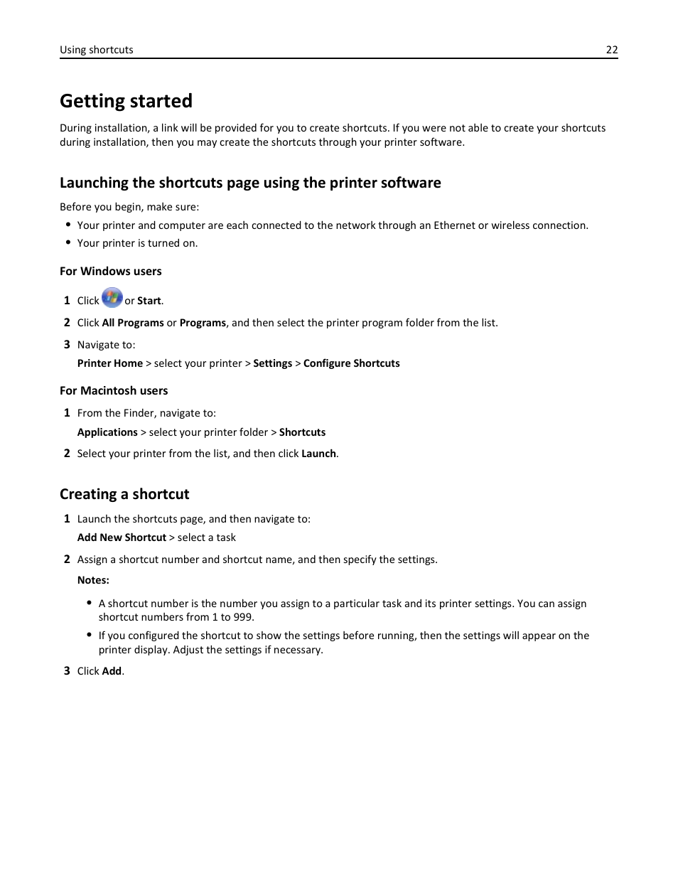 Getting started, Creating a shortcut | Dell V725w All In One Wireless Inkjet Printer User Manual | Page 22 / 186