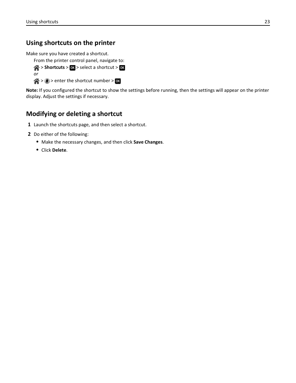 Using shortcuts on the printer, Modifying or deleting a shortcut | Dell V725w All In One Wireless Inkjet Printer User Manual | Page 23 / 186