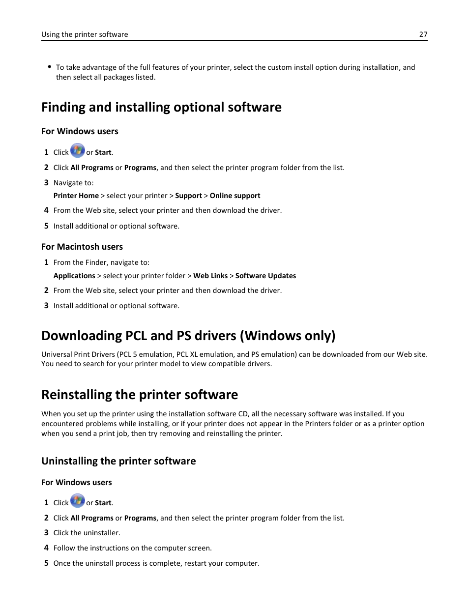 Finding and installing optional software, Downloading pcl and ps drivers (windows only), Reinstalling the printer software | Uninstalling the printer software | Dell V725w All In One Wireless Inkjet Printer User Manual | Page 27 / 186