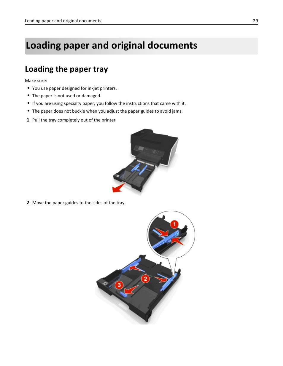 Loading paper and original documents, Loading the paper tray | Dell V725w All In One Wireless Inkjet Printer User Manual | Page 29 / 186