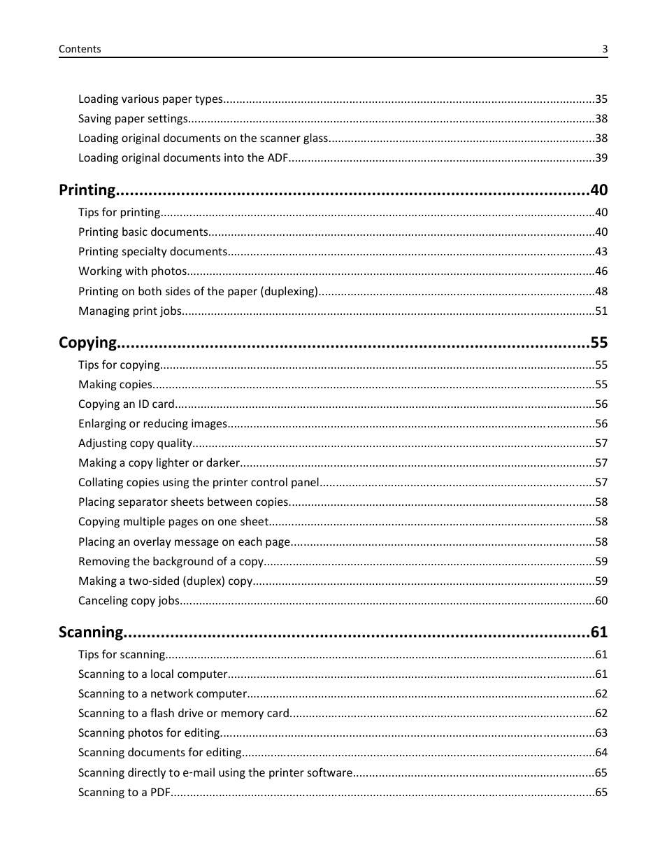 Printing, Copying, Scanning | Dell V725w All In One Wireless Inkjet Printer User Manual | Page 3 / 186