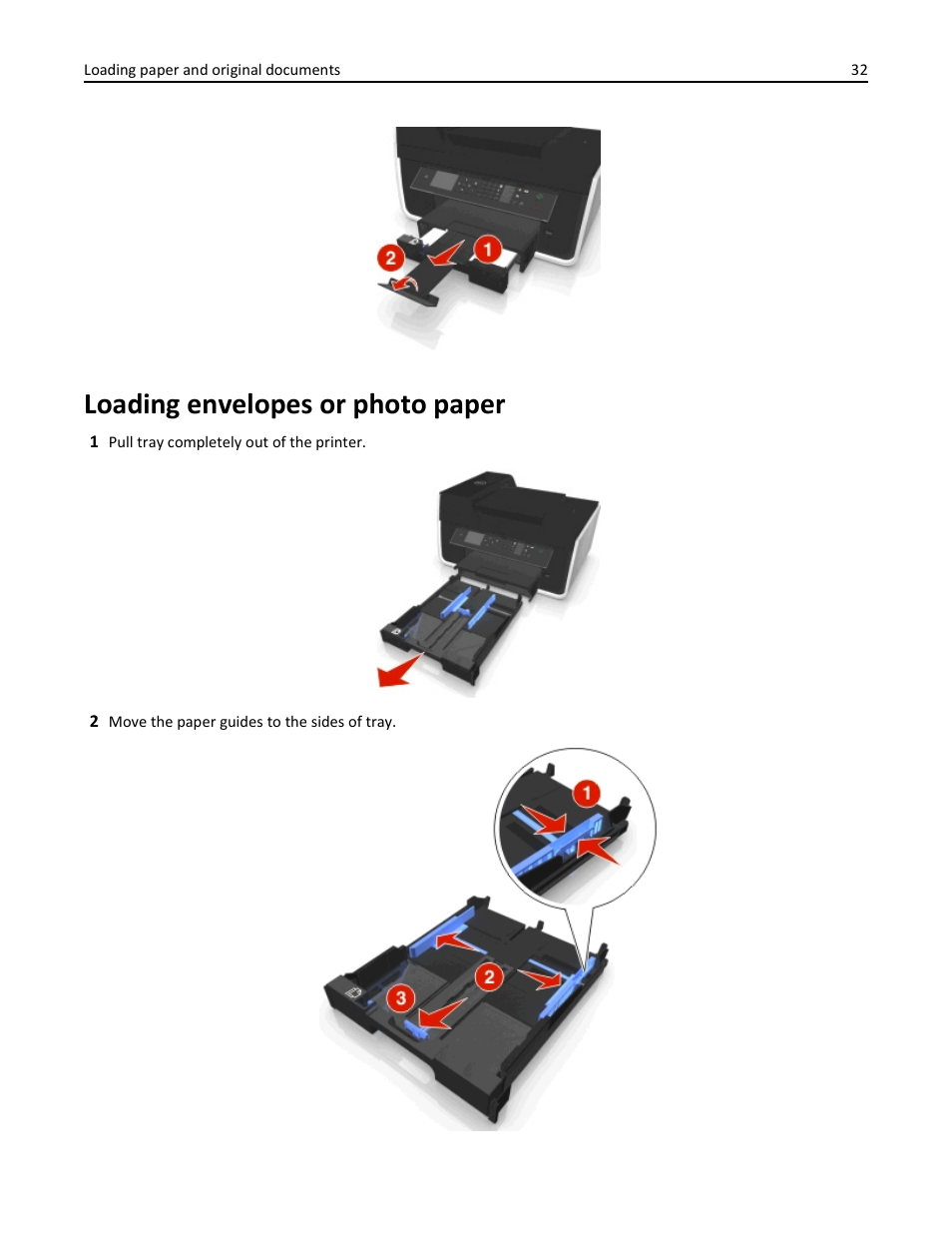 Loading envelopes or photo paper | Dell V725w All In One Wireless Inkjet Printer User Manual | Page 32 / 186