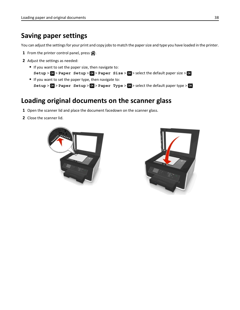 Saving paper settings, Loading original documents on the scanner glass | Dell V725w All In One Wireless Inkjet Printer User Manual | Page 38 / 186