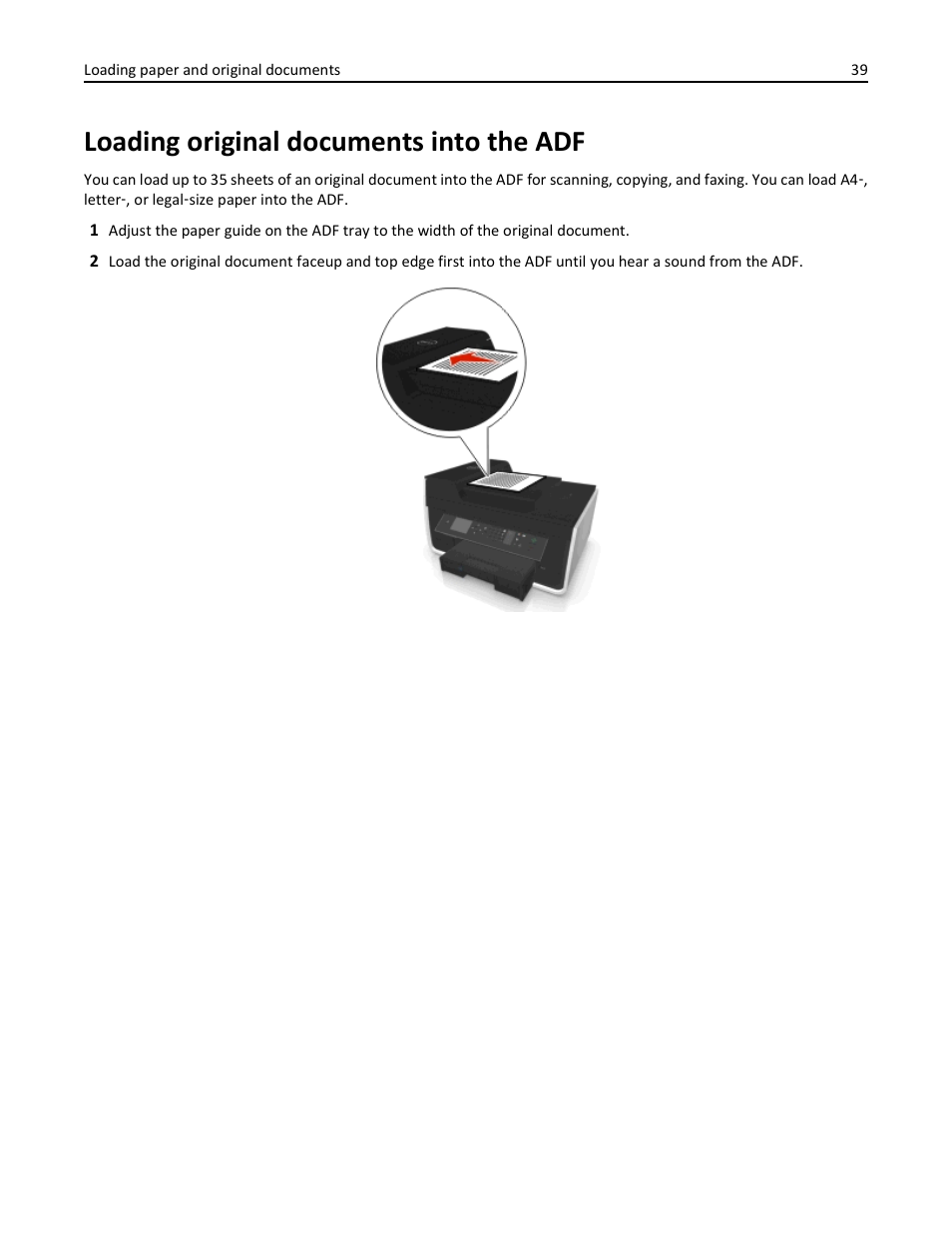 Loading original documents into the adf | Dell V725w All In One Wireless Inkjet Printer User Manual | Page 39 / 186