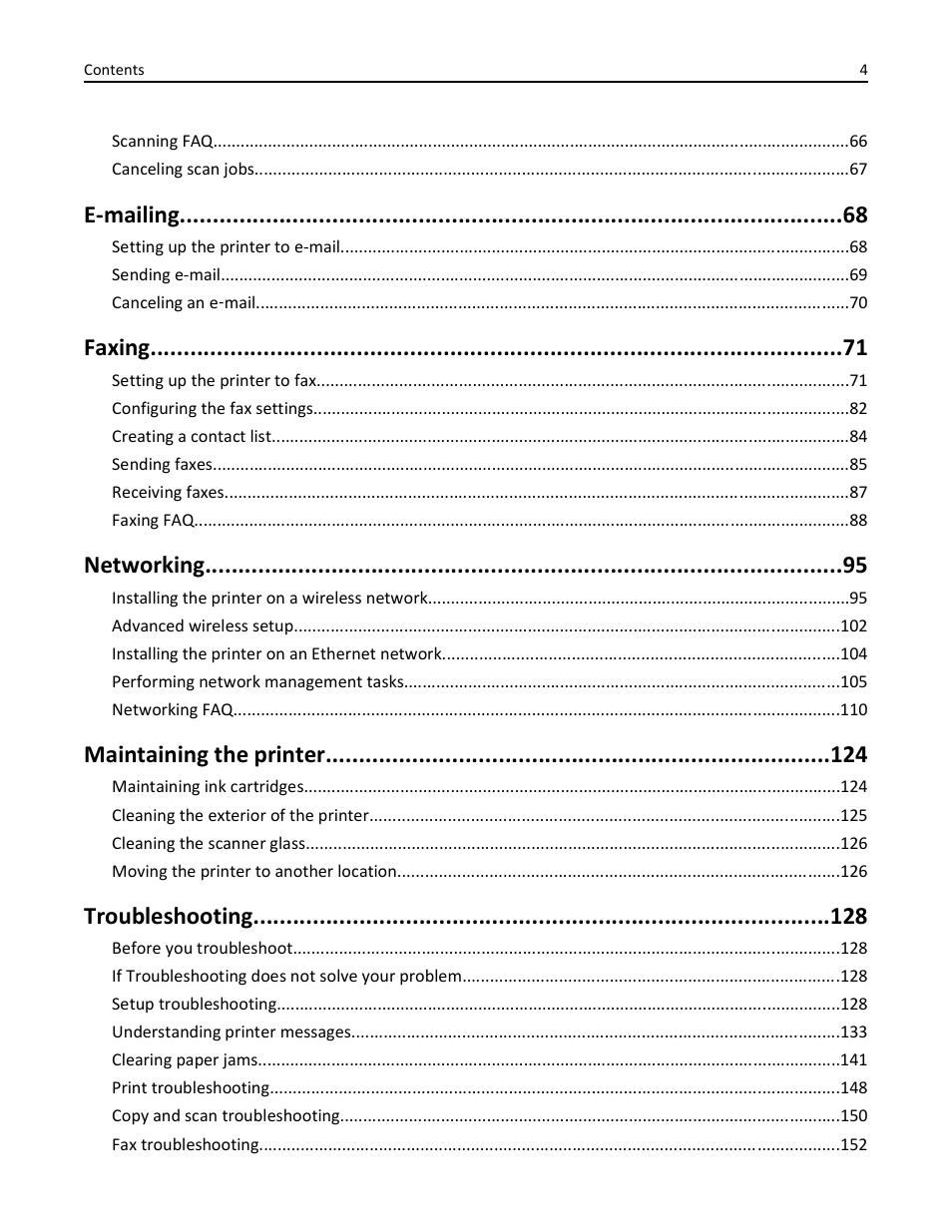 E-mailing, Faxing, Networking | Maintaining the printer, Troubleshooting | Dell V725w All In One Wireless Inkjet Printer User Manual | Page 4 / 186