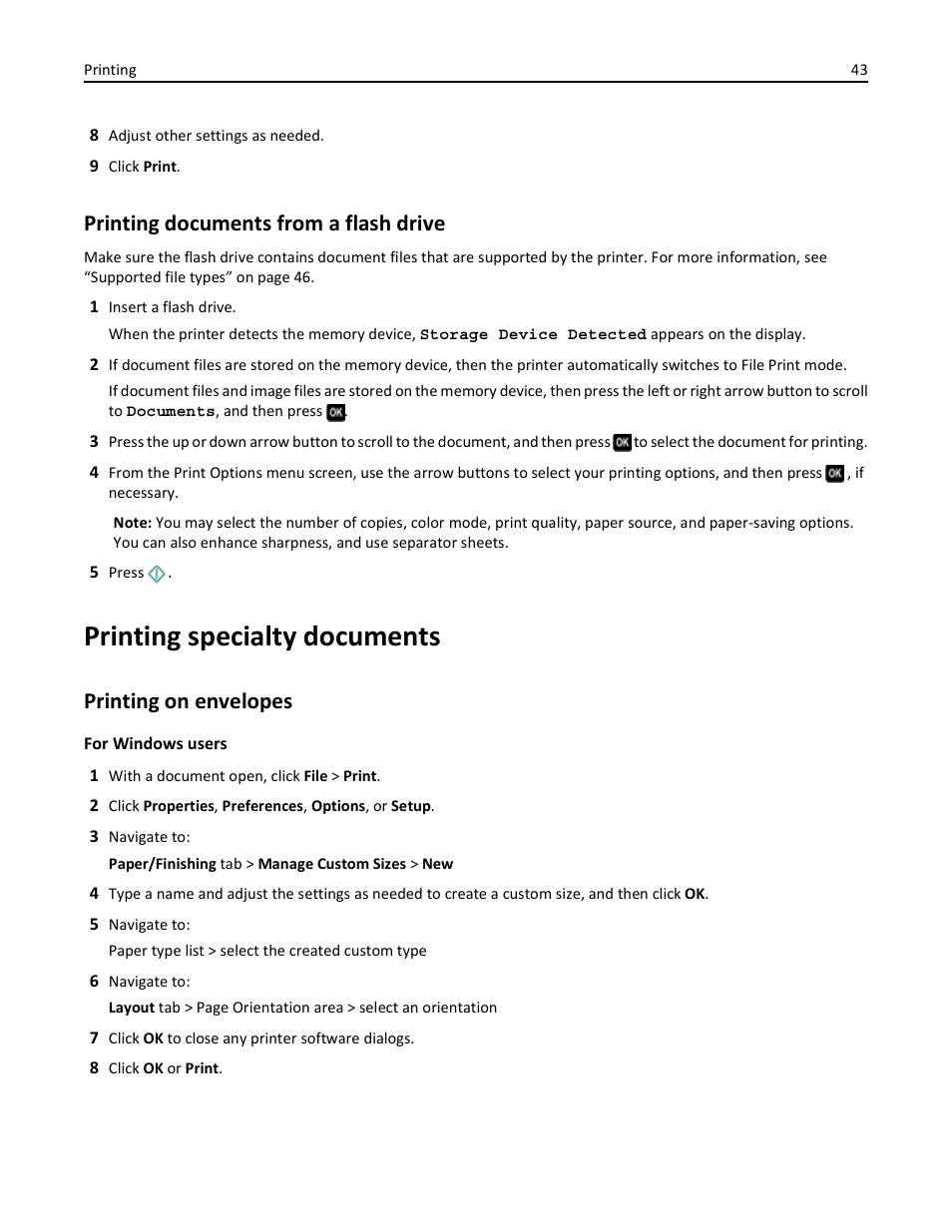 Printing documents from a flash drive, Printing specialty documents, Printing on envelopes | Dell V725w All In One Wireless Inkjet Printer User Manual | Page 43 / 186