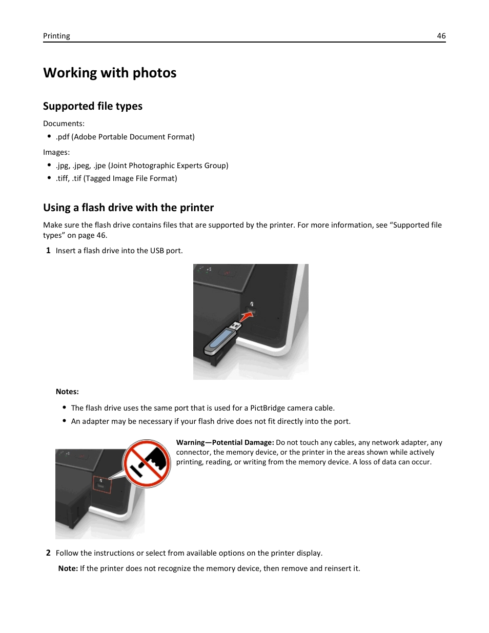 Working with photos, Supported file types, Using a flash drive with the printer | Dell V725w All In One Wireless Inkjet Printer User Manual | Page 46 / 186