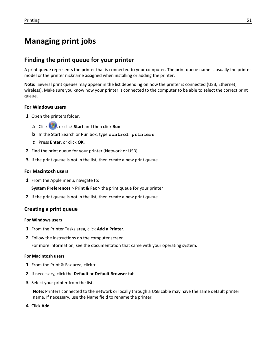 Managing print jobs, Finding the print queue for your printer | Dell V725w All In One Wireless Inkjet Printer User Manual | Page 51 / 186