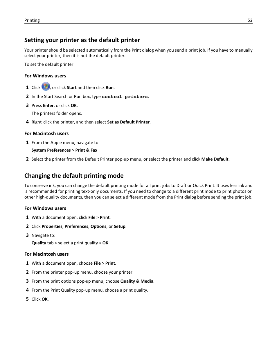 Setting your printer as the default printer, Changing the default printing mode | Dell V725w All In One Wireless Inkjet Printer User Manual | Page 52 / 186