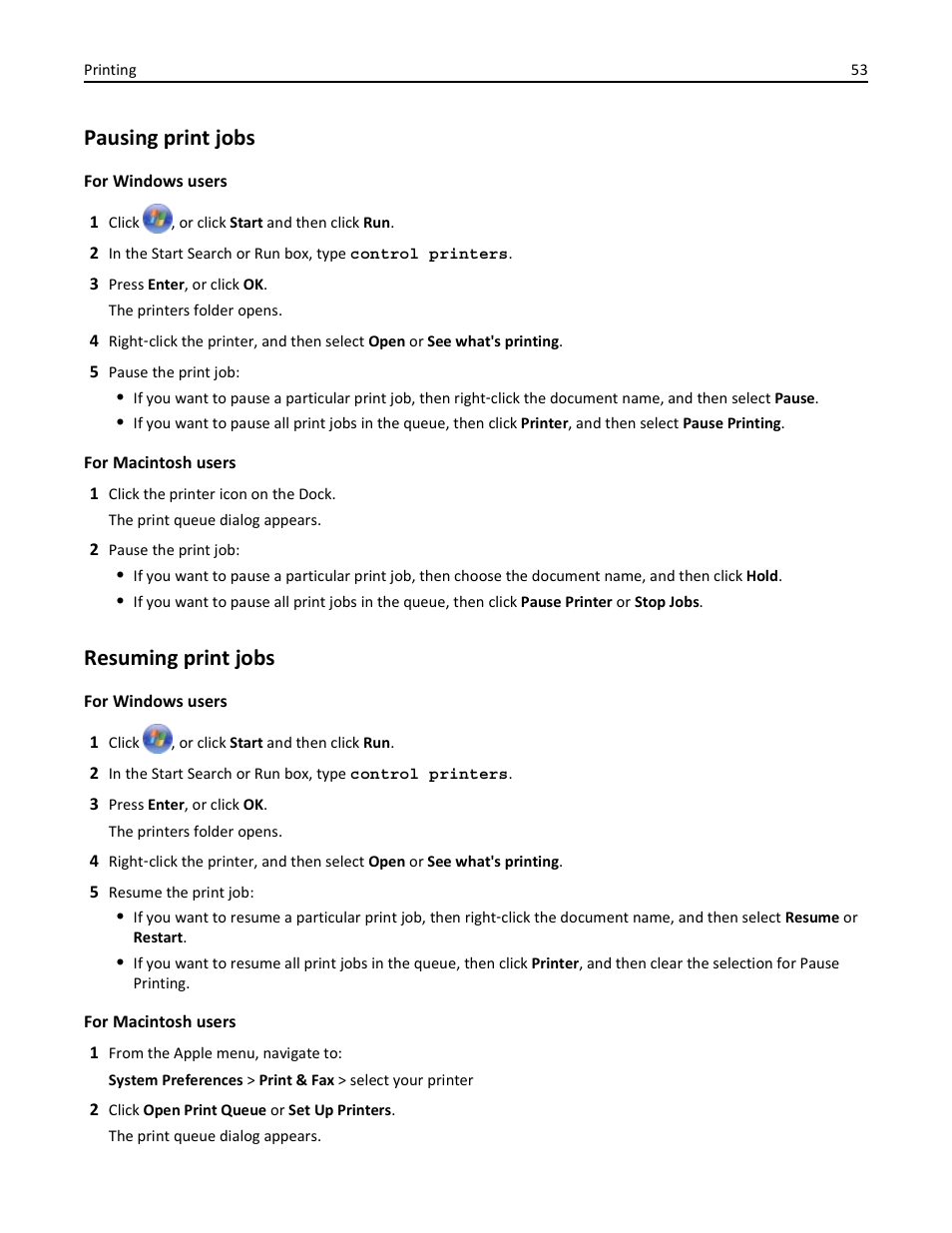 Pausing print jobs, Resuming print jobs | Dell V725w All In One Wireless Inkjet Printer User Manual | Page 53 / 186