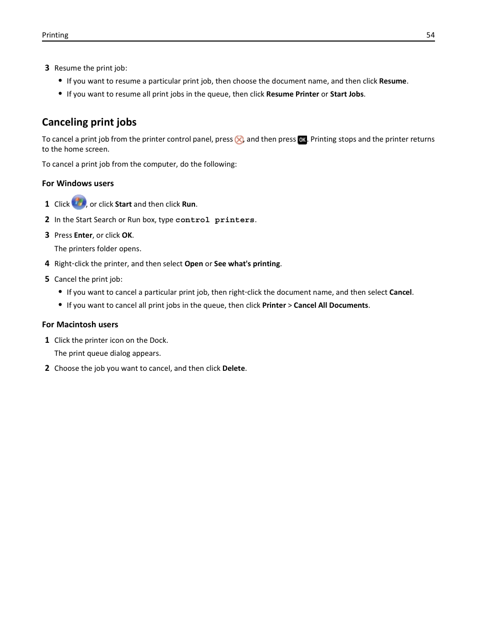 Canceling print jobs | Dell V725w All In One Wireless Inkjet Printer User Manual | Page 54 / 186