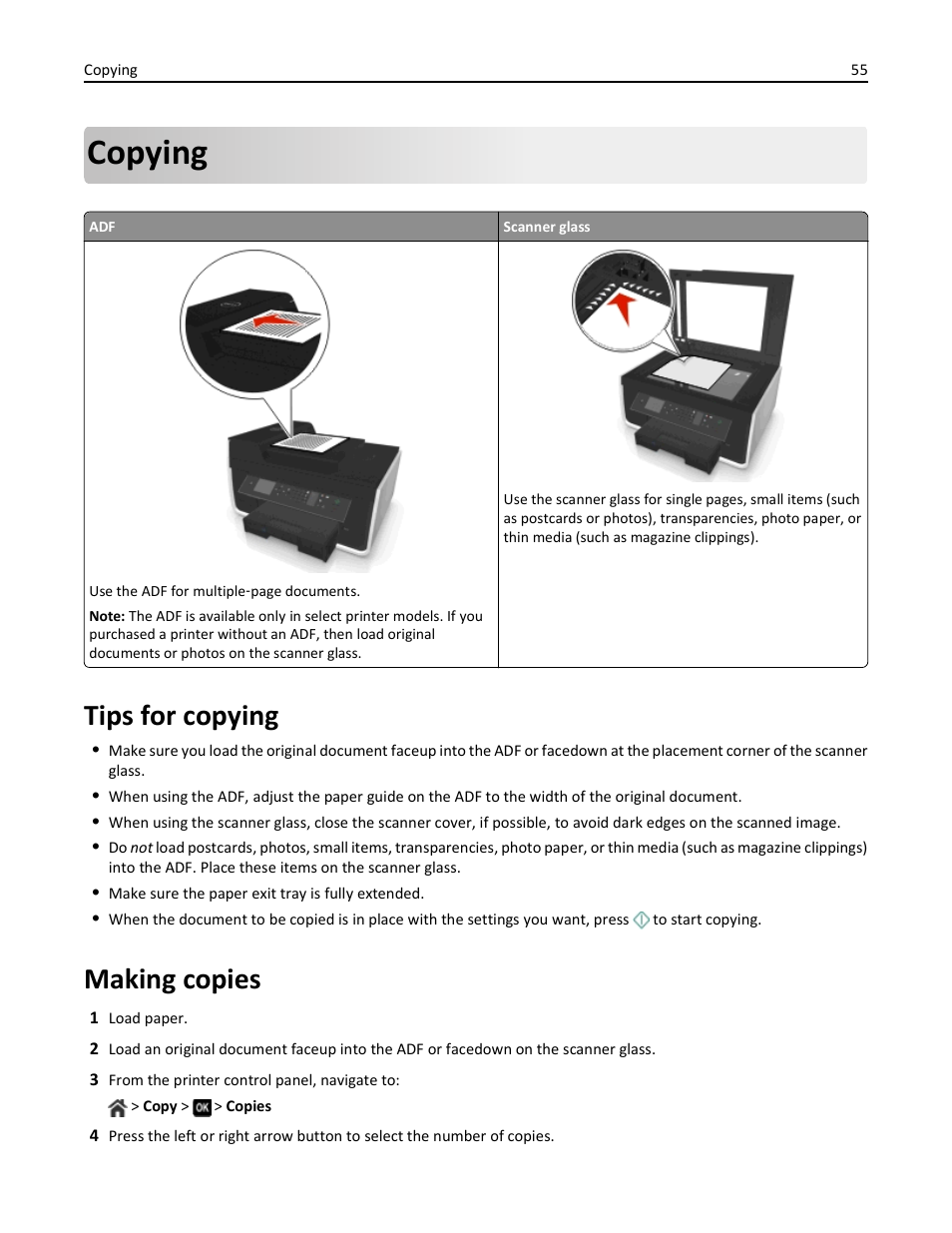 Copying, Tips for copying, Making copies | Dell V725w All In One Wireless Inkjet Printer User Manual | Page 55 / 186