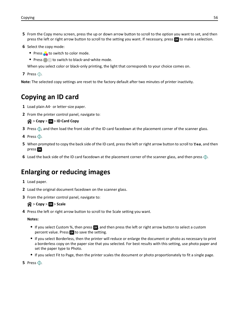 Copying an id card, Enlarging or reducing images | Dell V725w All In One Wireless Inkjet Printer User Manual | Page 56 / 186