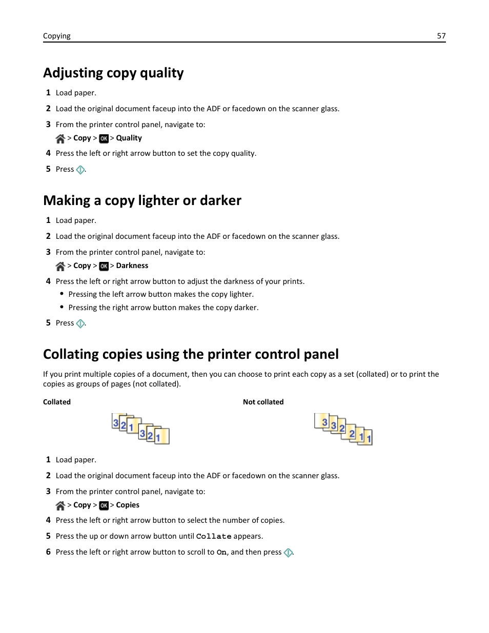 Adjusting copy quality, Making a copy lighter or darker, Collating copies using the printer control panel | Dell V725w All In One Wireless Inkjet Printer User Manual | Page 57 / 186