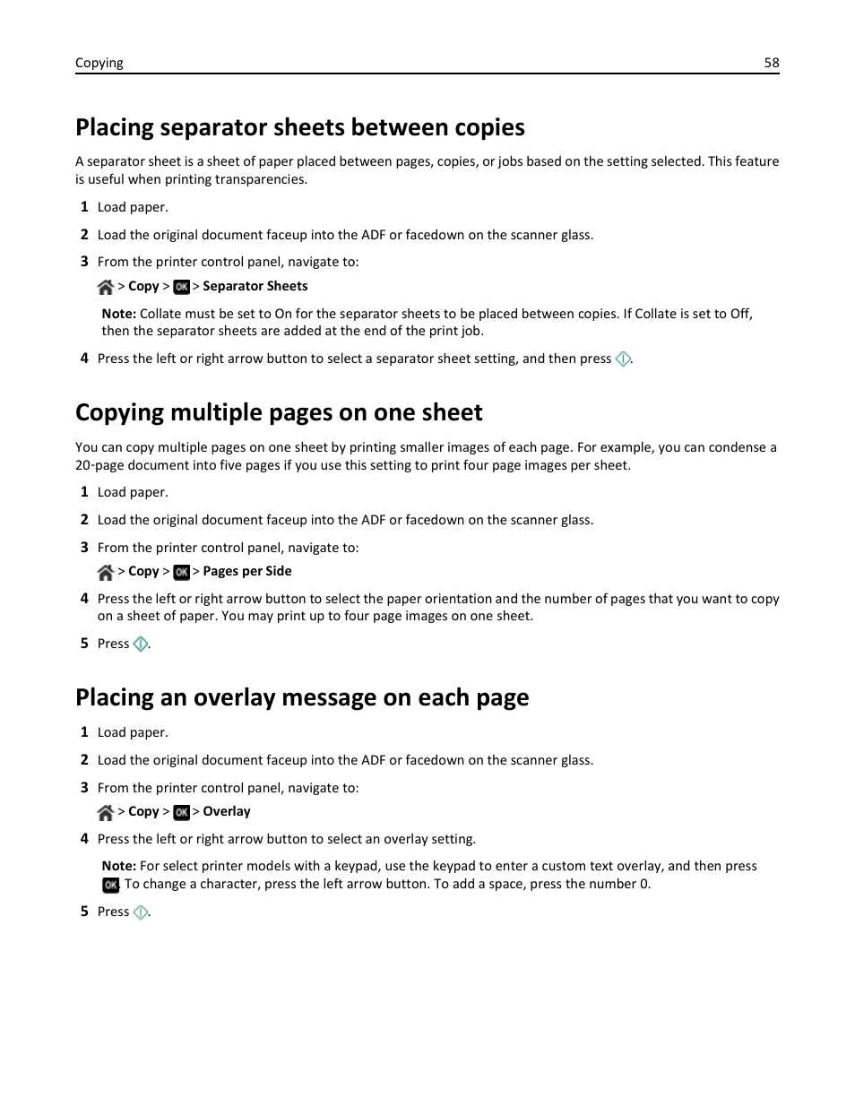 Placing separator sheets between copies, Copying multiple pages on one sheet, Placing an overlay message on each page | Dell V725w All In One Wireless Inkjet Printer User Manual | Page 58 / 186