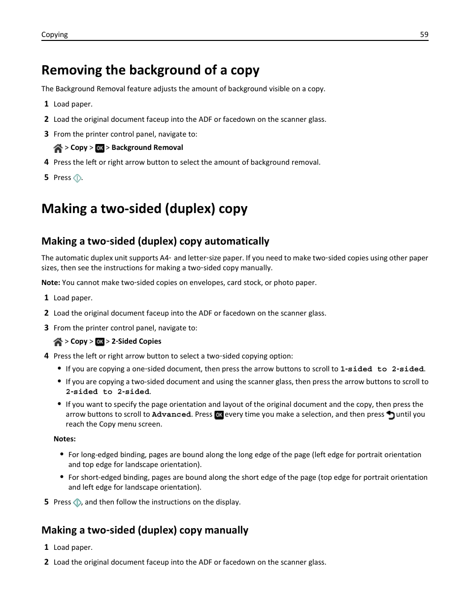 Removing the background of a copy, Making a two-sided (duplex) copy, Making a two-sided (duplex) copy automatically | Making a two-sided (duplex) copy manually, Making a two ‑ sided (duplex) copy automatically, Making a two ‑ sided (duplex) copy manually | Dell V725w All In One Wireless Inkjet Printer User Manual | Page 59 / 186