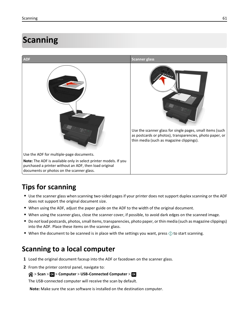 Scanning, Tips for scanning, Scanning to a local computer | Dell V725w All In One Wireless Inkjet Printer User Manual | Page 61 / 186