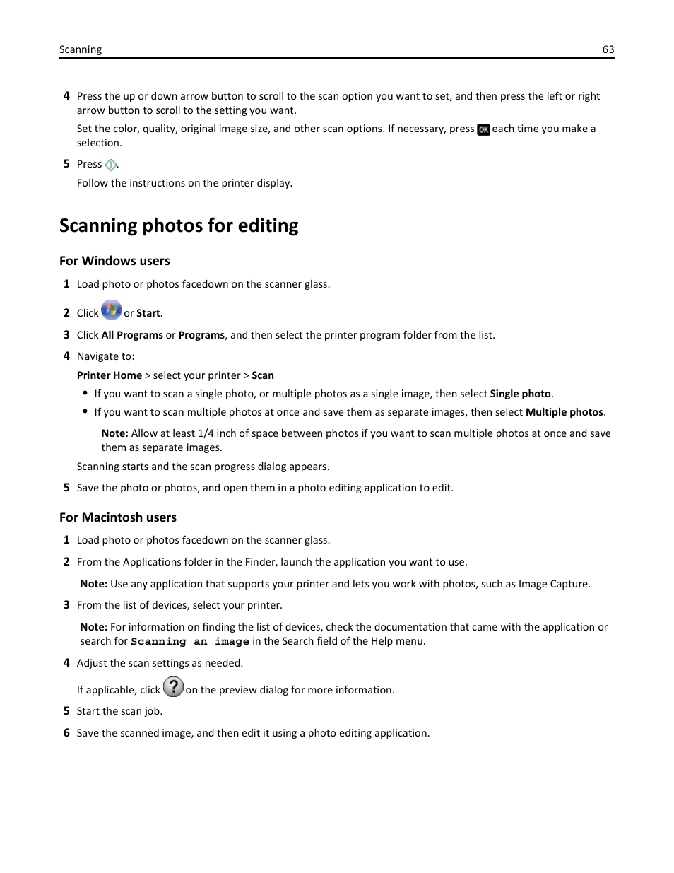 Scanning photos for editing | Dell V725w All In One Wireless Inkjet Printer User Manual | Page 63 / 186