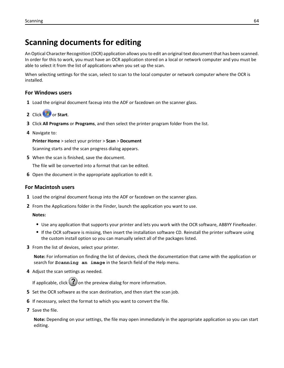 Scanning documents for editing | Dell V725w All In One Wireless Inkjet Printer User Manual | Page 64 / 186