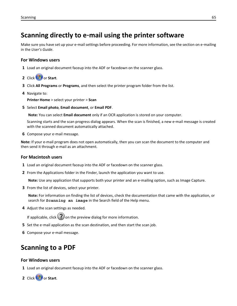 Scanning to a pdf, Scanning directly to e, Mail using the printer software | Dell V725w All In One Wireless Inkjet Printer User Manual | Page 65 / 186