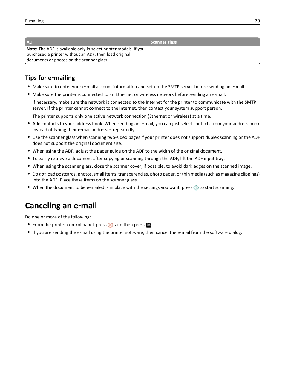 Tips for e-mailing, Canceling an e-mail, Canceling an e | Mail, Canceling an e ‑ mail, Tips for e ‑ mailing | Dell V725w All In One Wireless Inkjet Printer User Manual | Page 70 / 186