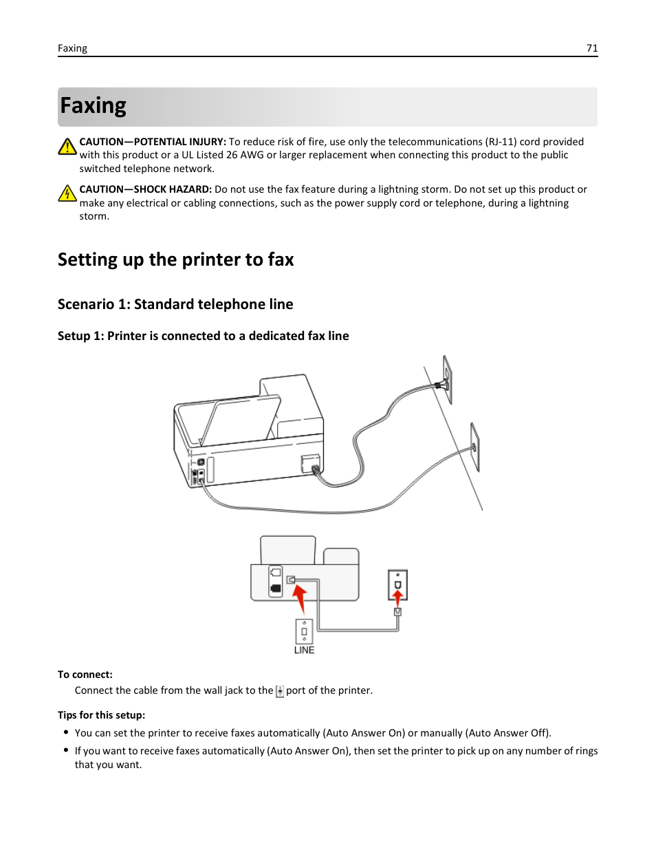 Faxing, Setting up the printer to fax, Scenario 1: standard telephone line | Dell V725w All In One Wireless Inkjet Printer User Manual | Page 71 / 186