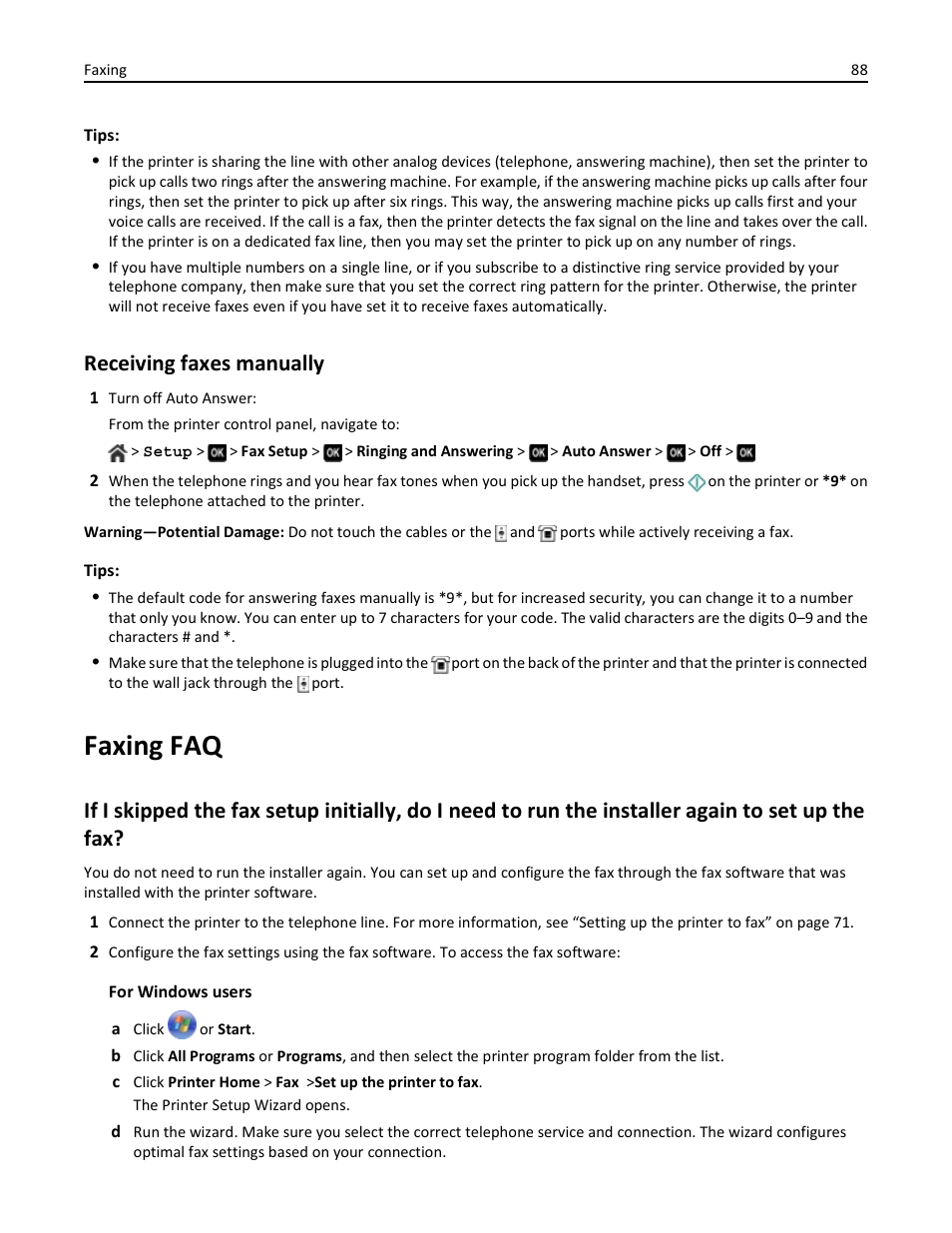 Receiving faxes manually, Faxing faq | Dell V725w All In One Wireless Inkjet Printer User Manual | Page 88 / 186