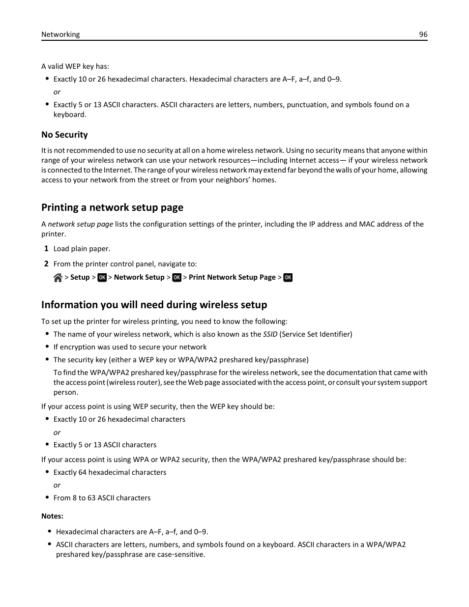 Information you will need during wireless setup, Printing a network setup page | Dell V725w All In One Wireless Inkjet Printer User Manual | Page 96 / 186