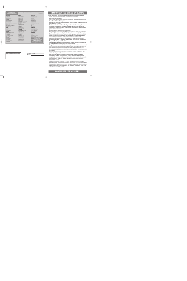 Importantes mises en garde, Conserver ces mesures | Black & Decker FP1500 User Manual | Page 13 / 19