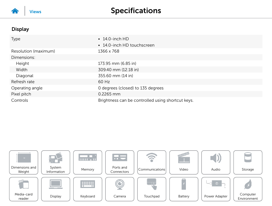 Display, Specifications | Dell Inspiron 14 (5447, Early 2014) User Manual | Page 16 / 22