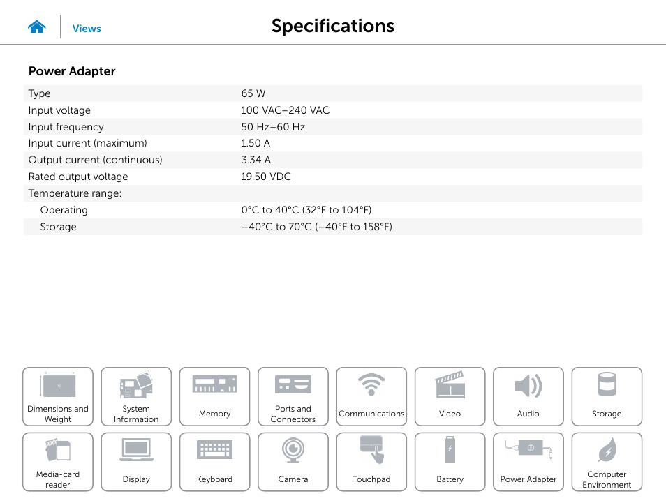 Power adapter, Specifications | Dell Inspiron 14 (5447, Early 2014) User Manual | Page 21 / 22