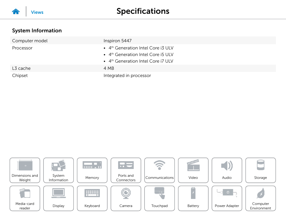 System, Information, Specifications | System information | Dell Inspiron 14 (5447, Early 2014) User Manual | Page 8 / 22