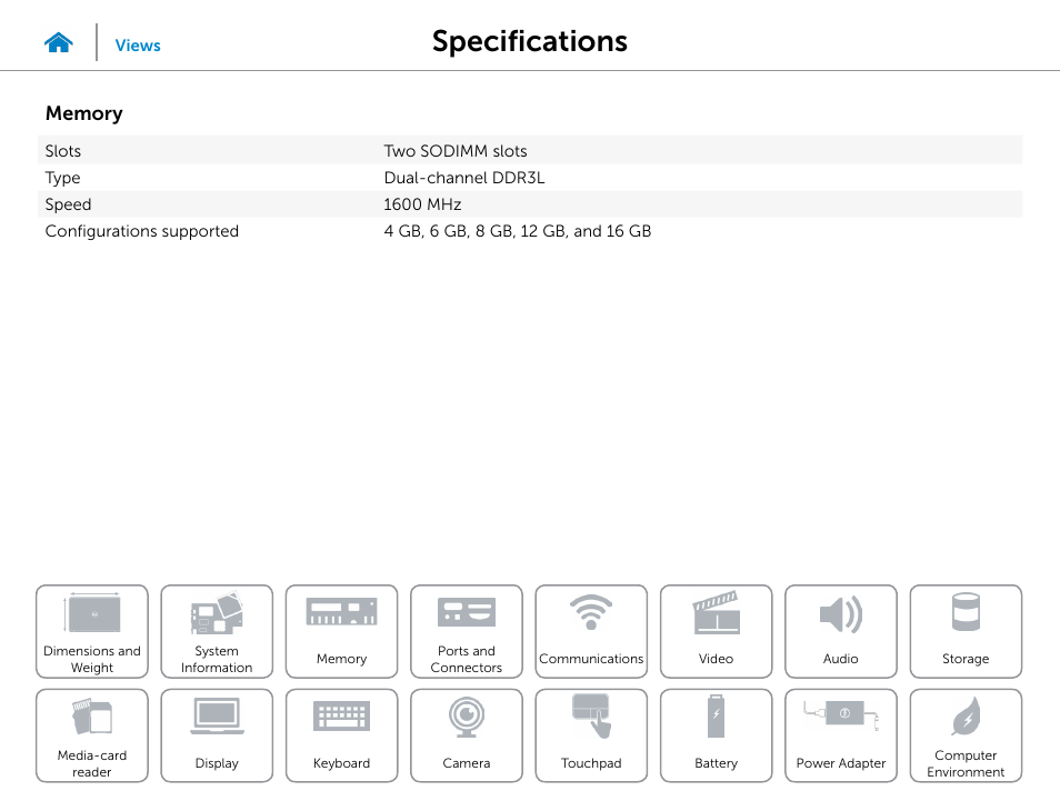 Memory, Specifications | Dell Inspiron 14 (5447, Early 2014) User Manual | Page 9 / 22