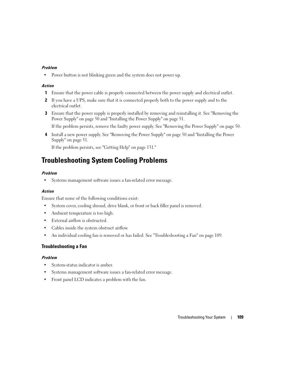 Troubleshooting system cooling problems, Troubleshooting a fan | Dell PowerEdge 1900 User Manual | Page 109 / 166