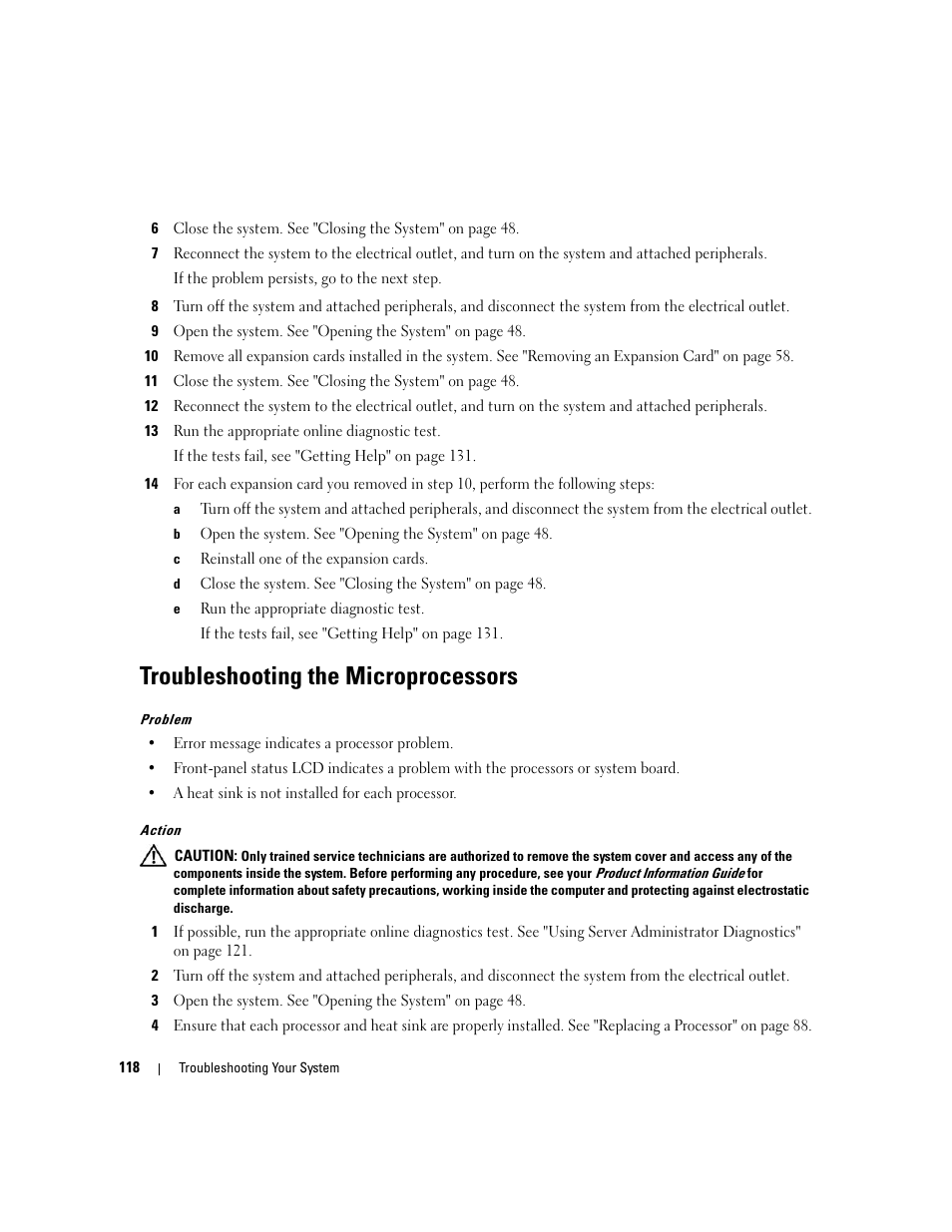 Troubleshooting the microprocessors | Dell PowerEdge 1900 User Manual | Page 118 / 166