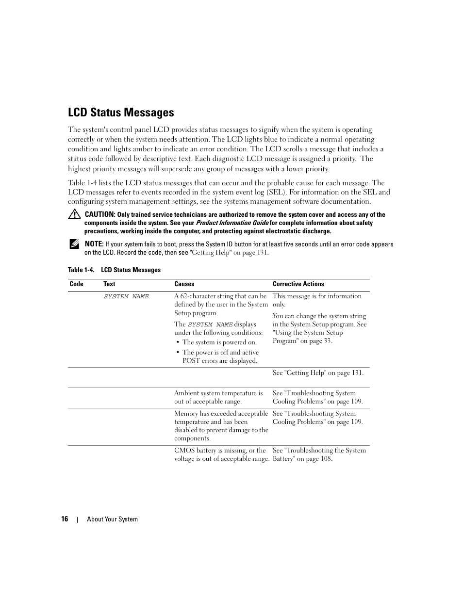 Lcd status messages | Dell PowerEdge 1900 User Manual | Page 16 / 166