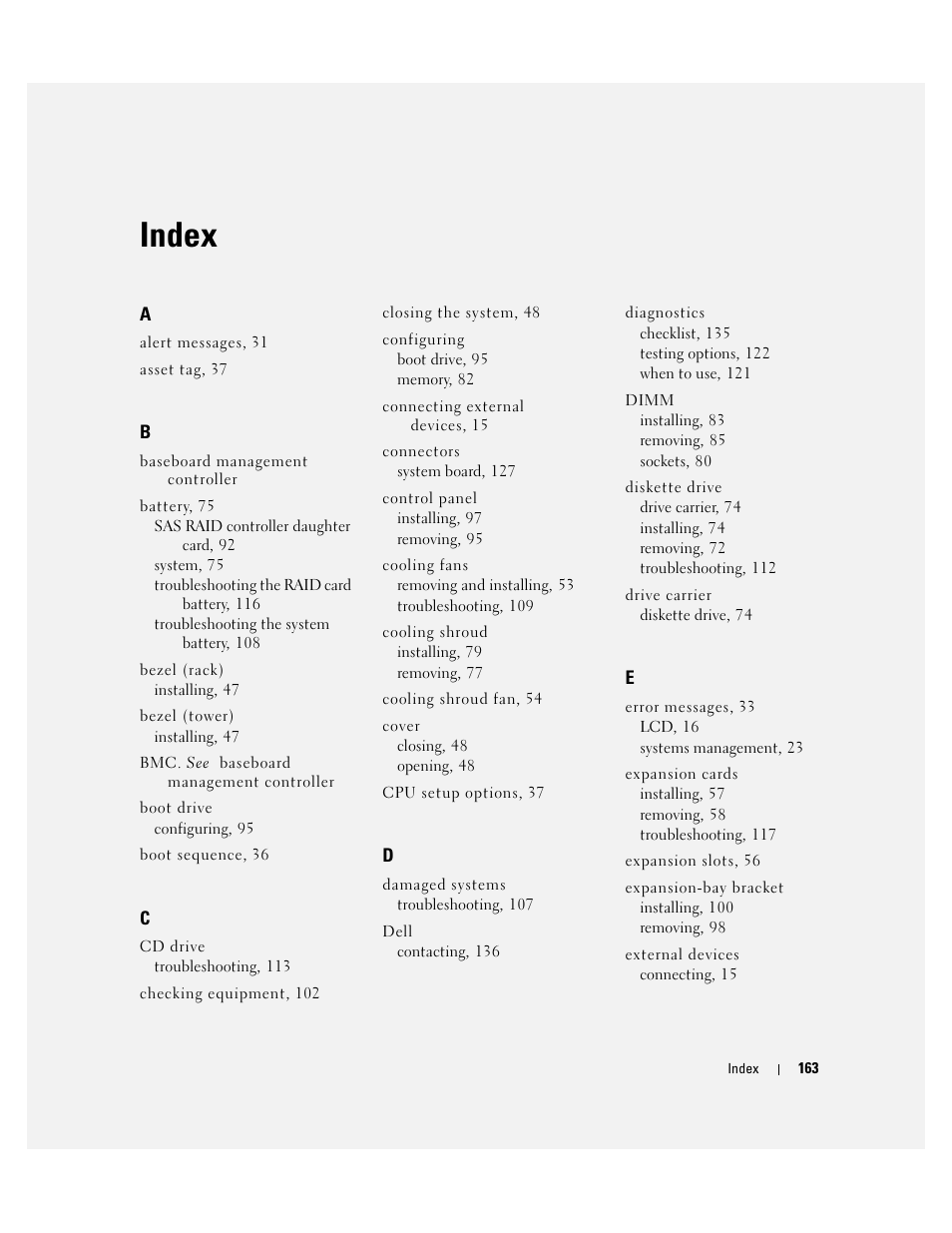 Index | Dell PowerEdge 1900 User Manual | Page 163 / 166