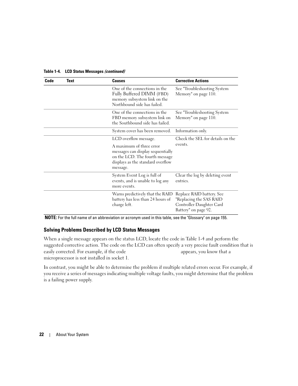Solving problems described by lcd status messages | Dell PowerEdge 1900 User Manual | Page 22 / 166