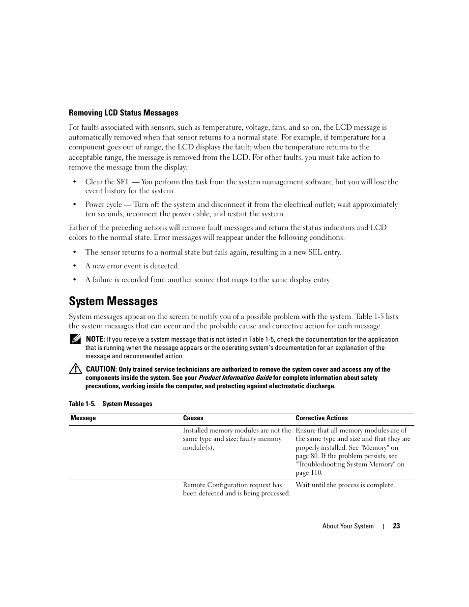 Removing lcd status messages, System messages | Dell PowerEdge 1900 User Manual | Page 23 / 166
