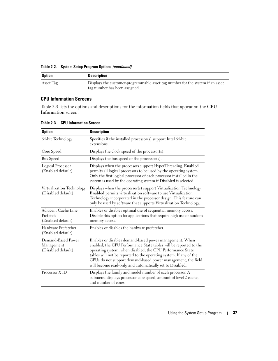 Cpu information screens, Option. see table 2-3 | Dell PowerEdge 1900 User Manual | Page 37 / 166