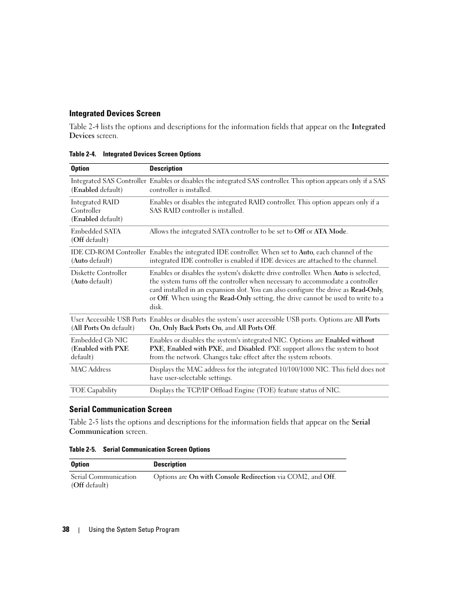 Integrated devices screen, Serial communication screen | Dell PowerEdge 1900 User Manual | Page 38 / 166