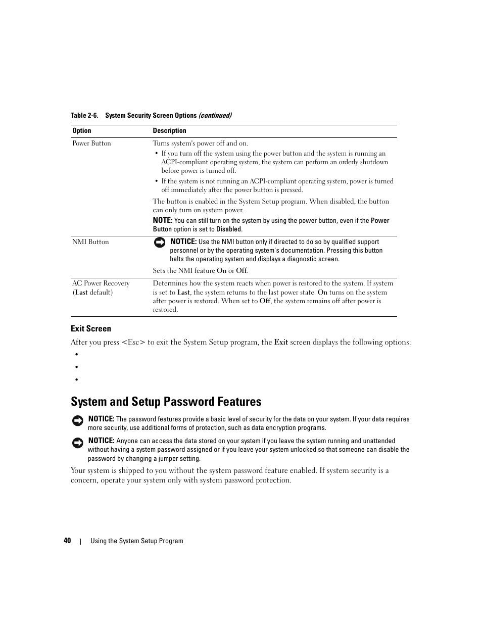 Exit screen, System and setup password features | Dell PowerEdge 1900 User Manual | Page 40 / 166