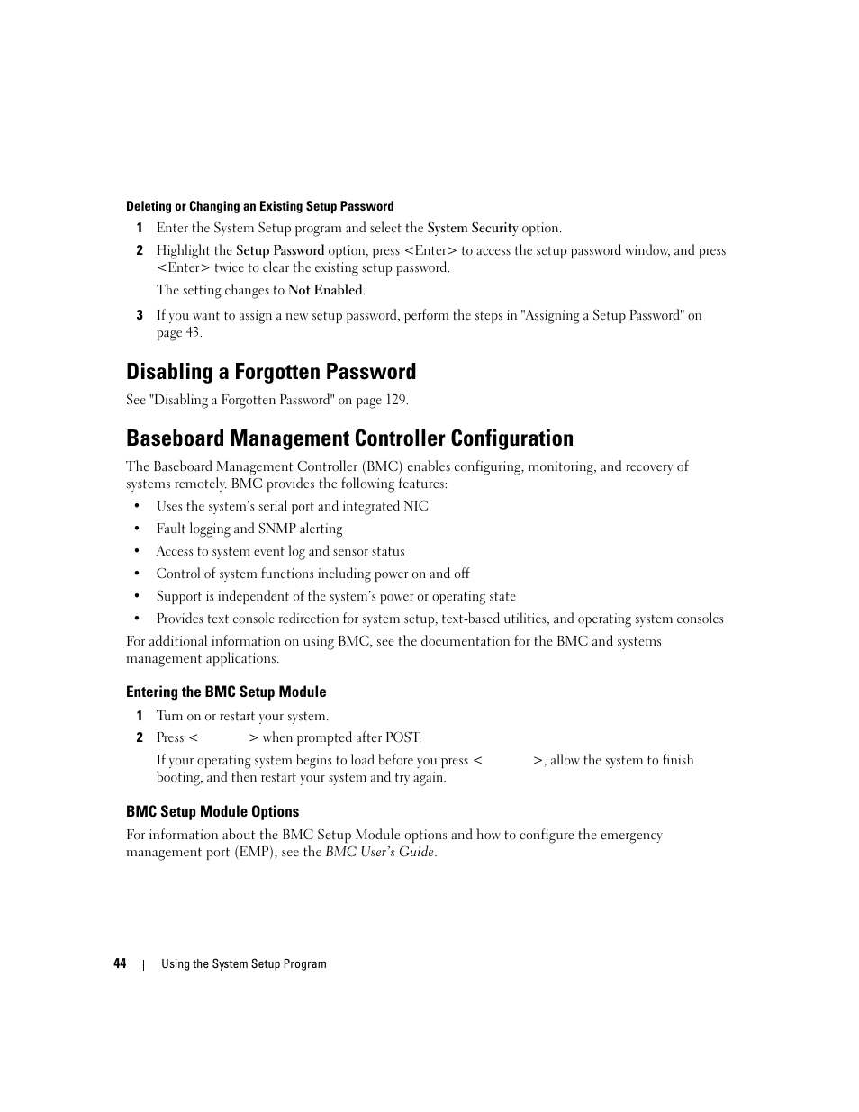 Disabling a forgotten password, Baseboard management controller configuration, Entering the bmc setup module | Bmc setup module options | Dell PowerEdge 1900 User Manual | Page 44 / 166