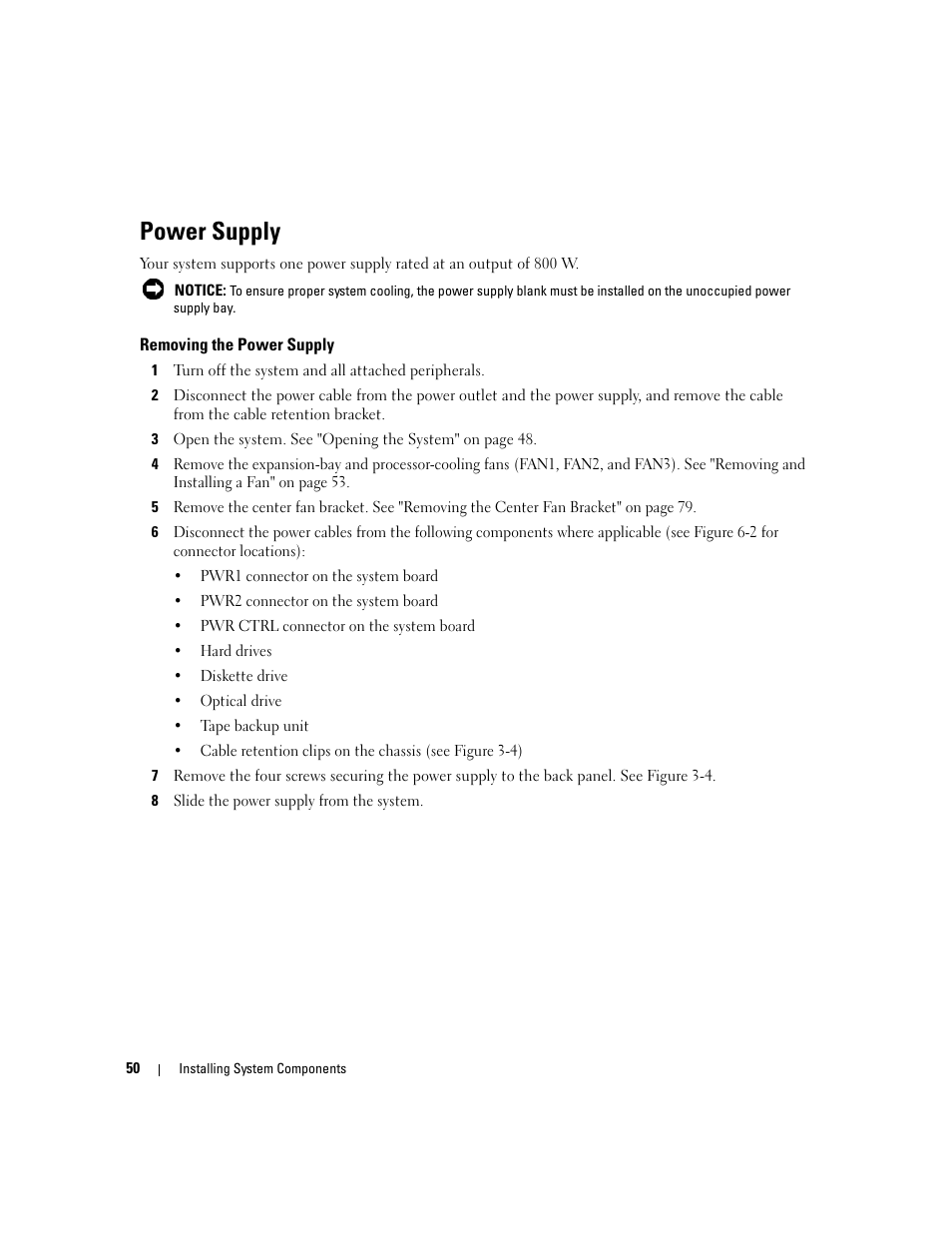 Power supply, Removing the power supply | Dell PowerEdge 1900 User Manual | Page 50 / 166