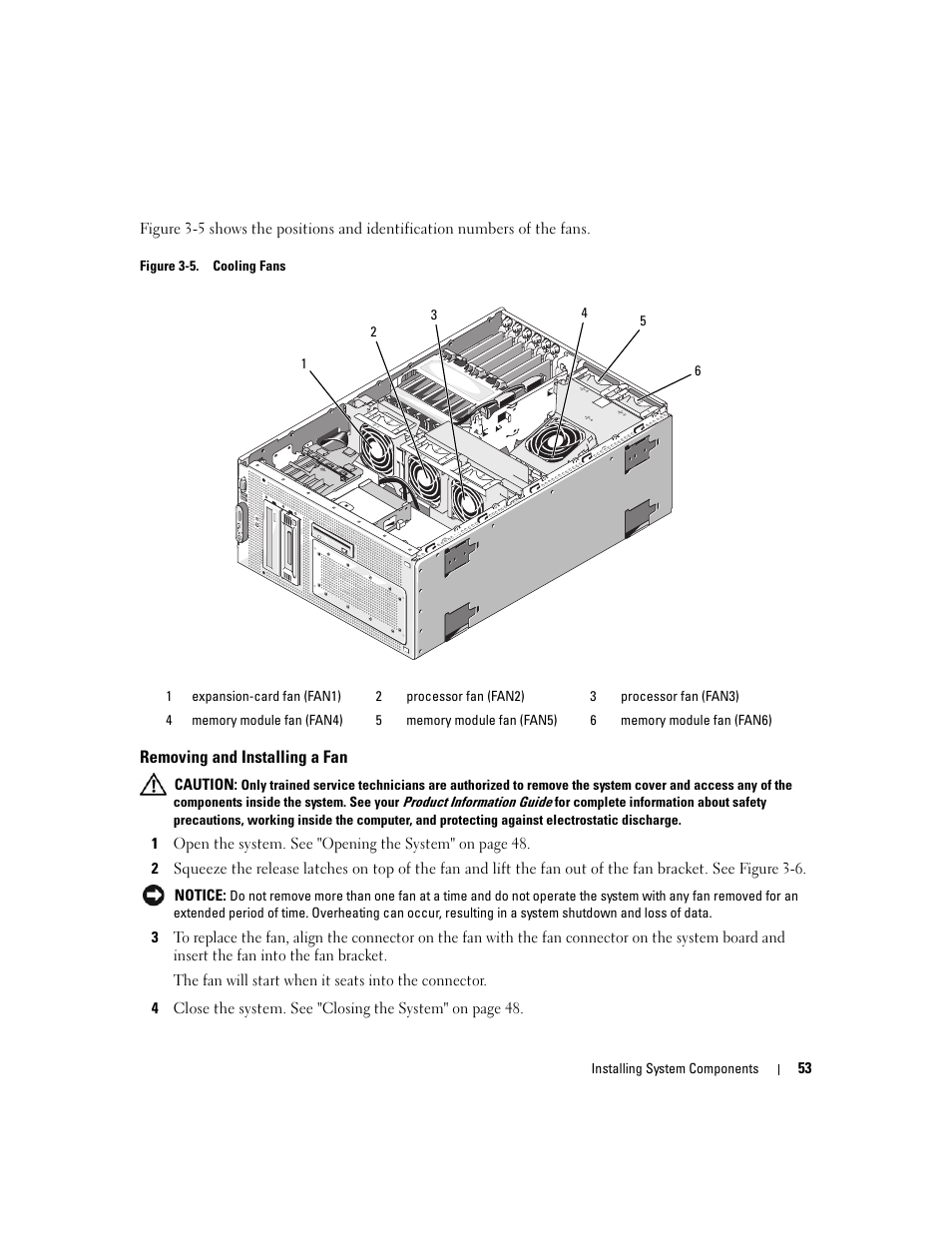 Removing and installing a fan, N3). see "removing and, N3). see "removing and installing | Dell PowerEdge 1900 User Manual | Page 53 / 166