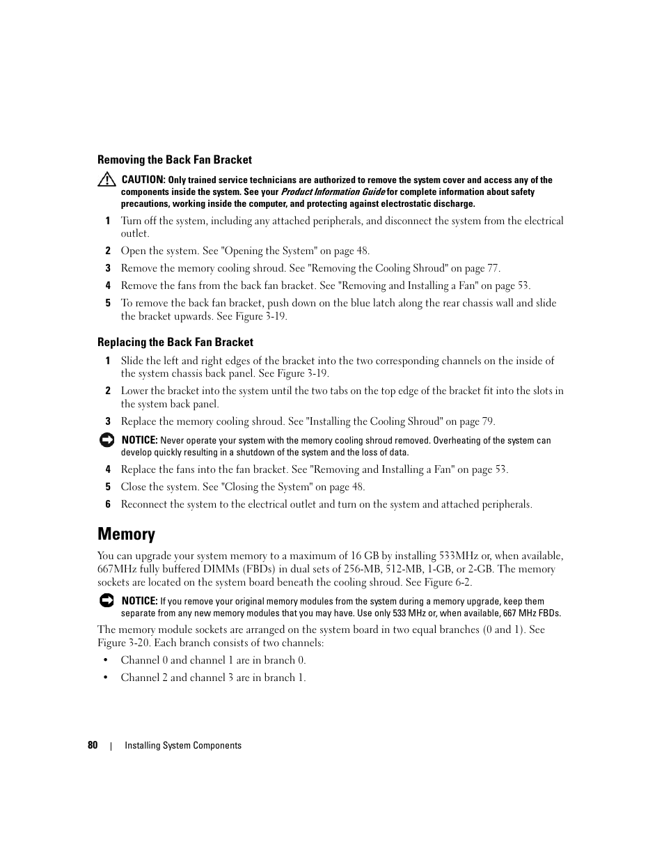 Removing the back fan bracket, Replacing the back fan bracket, Memory | Dell PowerEdge 1900 User Manual | Page 80 / 166