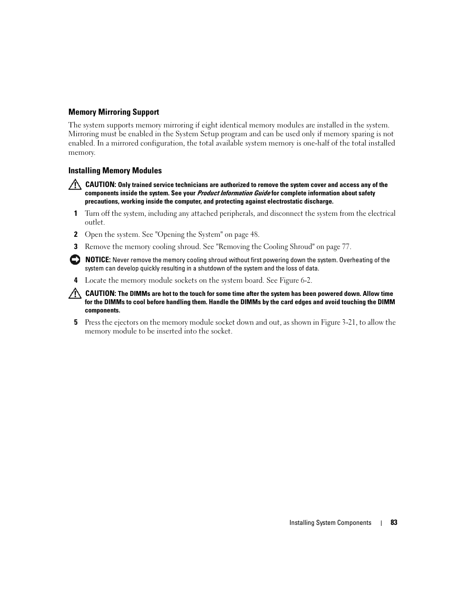 Memory mirroring support, Installing memory modules | Dell PowerEdge 1900 User Manual | Page 83 / 166