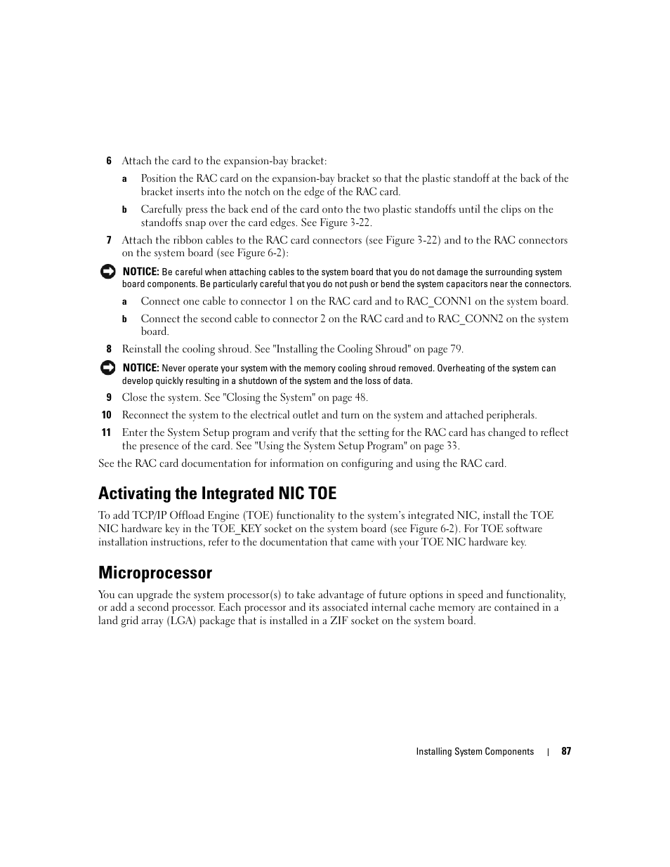 Activating the integrated nic toe, Microprocessor | Dell PowerEdge 1900 User Manual | Page 87 / 166