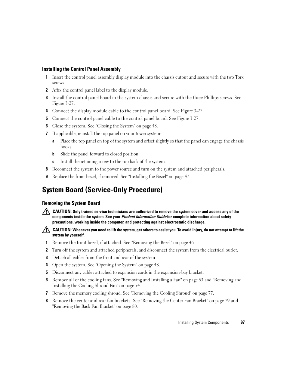 Installing the control panel assembly, System board (service-only procedure), Removing the system board | Dell PowerEdge 1900 User Manual | Page 97 / 166