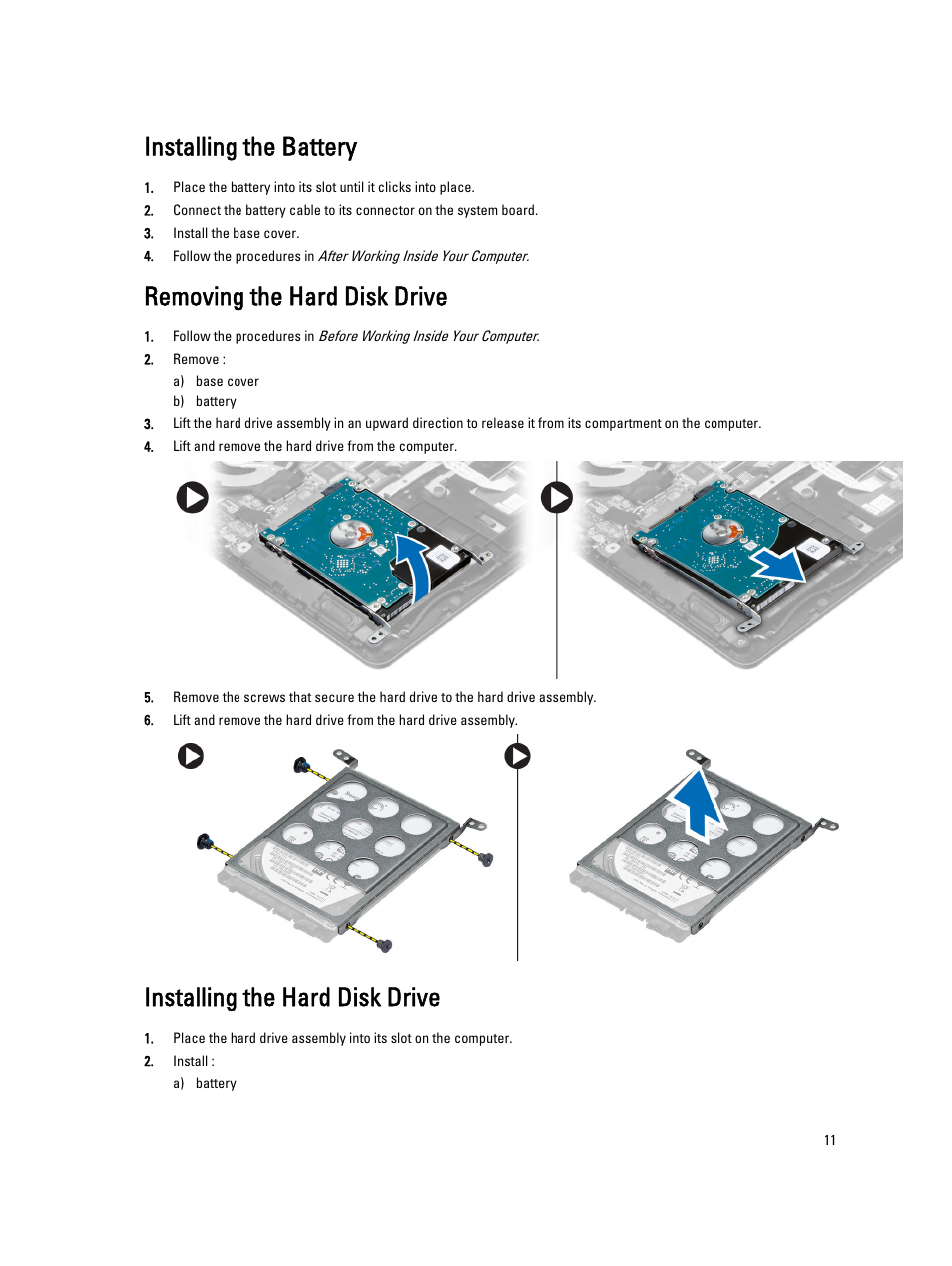 Installing the battery, Removing the hard disk drive, Installing the hard disk drive | Dell Vostro 5460 (Late 2012) User Manual | Page 11 / 39